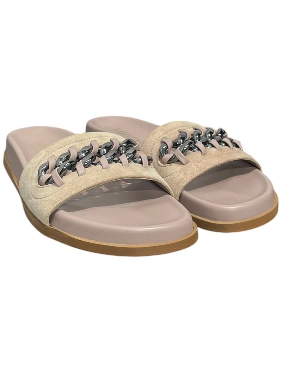 Valentino Garavani Beige Suede & Pink Taupe Chain-Trim Slide Sandals